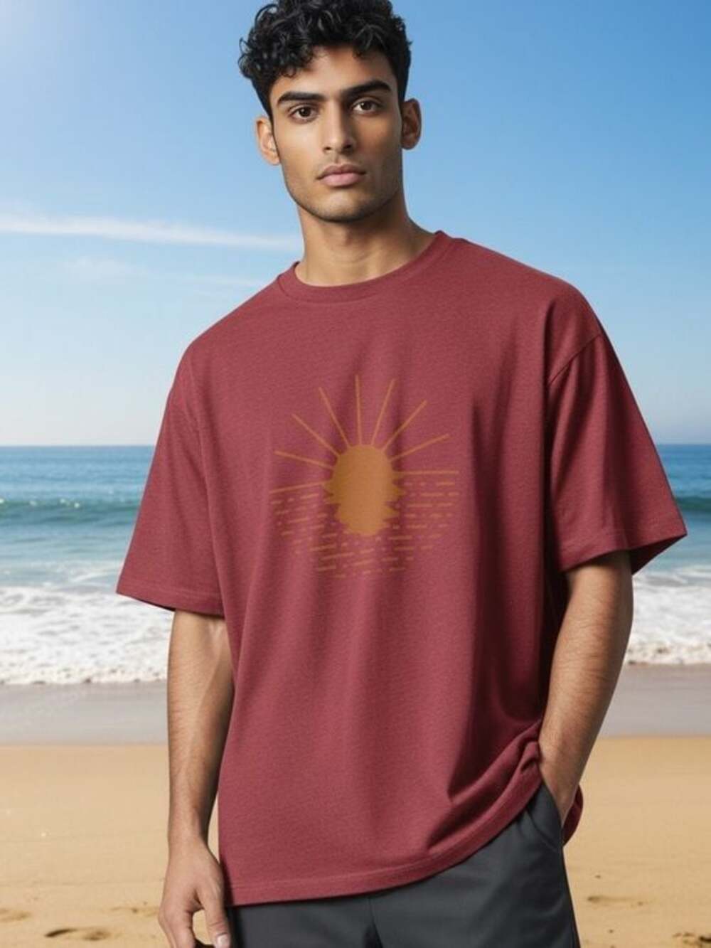 Wohven Men’s Sunset Graphic Tee — March Edition -   — Cranberry — Size Medium